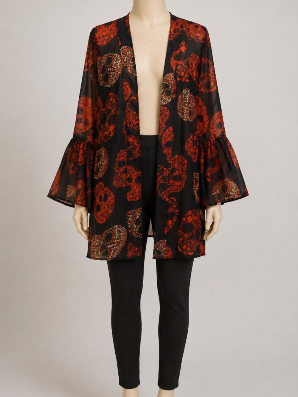 Women’s XL Sugar Skull Kimono Cardigan Bell Sleeve Sheer Black Orange Gothic